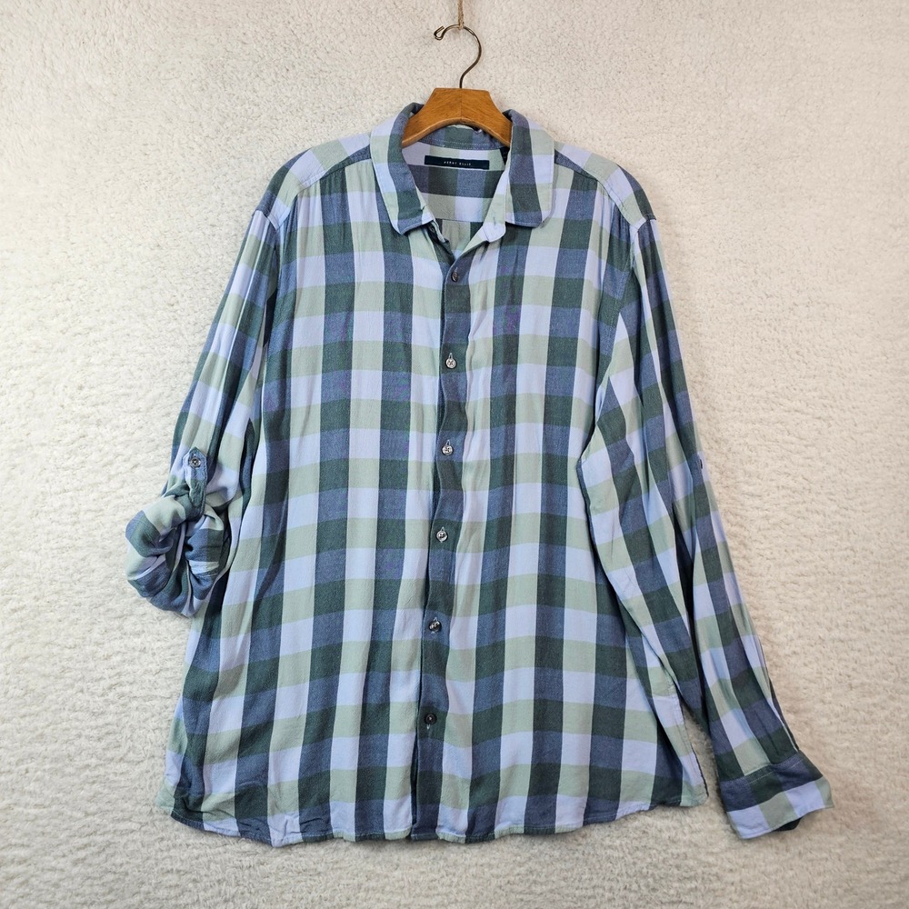 Perry Ellis Mens XXL Blue Green Plaid‎ Viscose Long Sleeve Roll Tab Button Shirt
